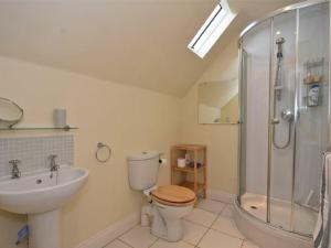 une salle de bain avec toilettes, lavabo et douche dans l'établissement Croft Cottage, à Alnwick 21 autres photos
