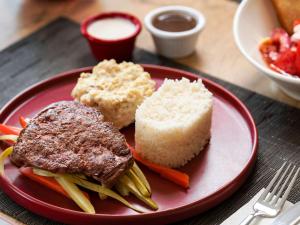 a red plate of food with meat and rice and vegetables at ibis Ankara Airport Hotel in Ankara