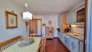 a kitchen with a table and a sink in it at Anto in Campitello di Fassa