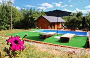 a flower in front of a pool with a house at Hellena in Sarajevo