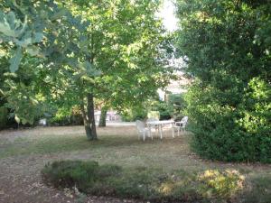 une table et des chaises sous un arbre dans une cour dans l'établissement Capriga, à Arès