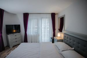 a bedroom with a bed and a tv and a window at Boierița Home Stay in Fundu Moldovei