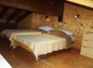 two beds in a room with wooden walls at Mayens de l Ours DZ 131 - MOUNTAIN apartment 6 per in Salins
