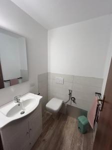 une salle de bain avec un lavabo, des toilettes et un miroir dans l'établissement Casa Sally - Lago e montagna, à Cresciasca 20 autres photos