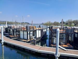 多尔梅莱托Floating Experience Black Pearl, Lago Maggiore的水面上设有码头的码头
