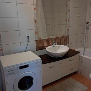 un bagno con lavatrice e lavandino di Apartament Julia 1-2 os Warszawska 28 Centrum a Kielce