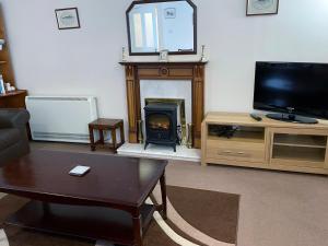 a living room with a fireplace and a television at 3 Telford Mews in Dumfries