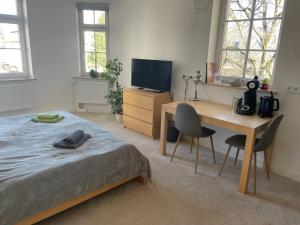 a bedroom with a bed and a desk and a television at Wohnen in der alten Max Selbmann Villa in Hohenstein-Ernstthal