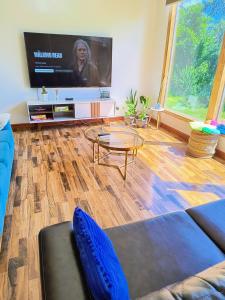 a living room with a couch and a flat screen tv at Casa de Campo a 15 minutos de Villarrica in Catrico