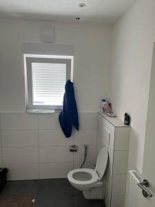 a small bathroom with a toilet and a window at Bifi 55 in Aalen