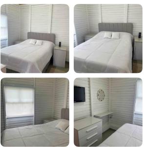 four pictures of a bedroom with two beds and a tv at Chalé em torno da Mata Atlantica in Itu +5 photos