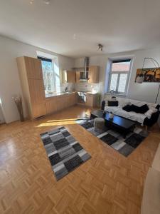 a living room with a couch and a kitchen at Rustica apartmens in Globasnitz +35 photos