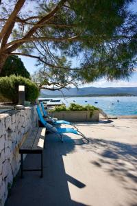 a bench sitting next to a beach with a tree at Apartman Marta in Klek