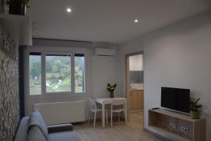 a living room with a couch and a tv and a table at Avío Apartamentos in Santiago de Compostela