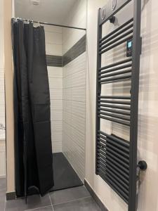 a shower with a glass door in a bathroom at Gite Nicole in Jeuxey