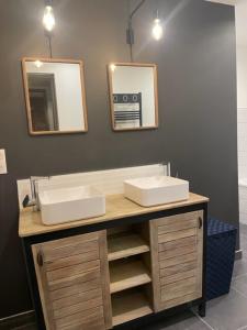 a bathroom with two sinks and two mirrors at Gite Nicole in Jeuxey