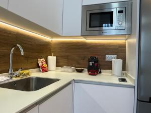 una cocina con fregadero y microondas en Retiro Home, en Madrid