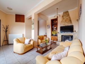 a living room with couches and a fireplace at Alexandra House in Kríni
