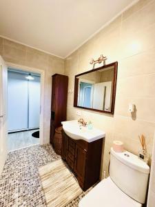 a bathroom with a sink and a toilet and a mirror at Apartament elegant - Cozy home residence in Piteşti