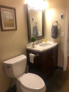 a bathroom with a white toilet and a sink at Whitefish Home, Sleeps 7, Hot Tub, AC in Whitefish +27 photos