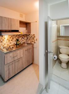 a kitchen with a sink and a toilet in it at Hotel Boutique Casa Teresita in Medellín