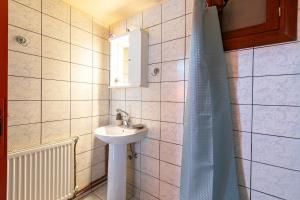 a bathroom with a sink and a shower curtain at Vavouledo Village House in Khamalévri +39 photos