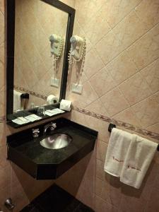 a bathroom with a sink and a mirror and towels at Novel Hotel in Buenos Aires