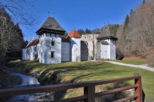an old castle on a field with a fence at Apartment Rogla Lodge in Zreče