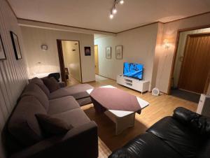 un soggiorno con un divano e una TV di Leilighet på Finnsnes, Senja a Senja