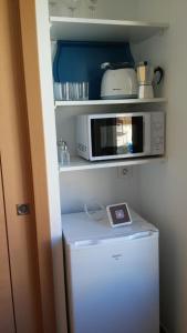 a microwave on top of a refrigerator in a kitchen at Apartamentos Turísticos La Garza in Cáceres