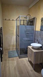 a bathroom with a glass shower and a sink at Nature en petite montagne in Arinthod +18 photos