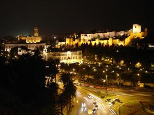 a city lit up at night with street lights at Hotel MS Maestranza Málaga in Málaga