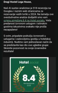 Certifikát, hodnocení, plakát nebo jiný dokument vystavený v ubytování Hostel Lega House