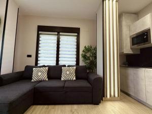 a living room with a gray couch and a window at Flower Deluxe Bajo con Jardin 6083 in Noja