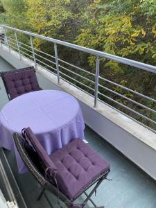 a table and a chair on a balcony at Apartment Elena in Skopje
