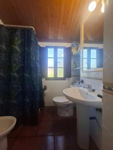 a bathroom with two sinks and a toilet and a mirror at La Cabaña del Abuelo en la aldea cerca del mar in Santa Marta de Ortigueira