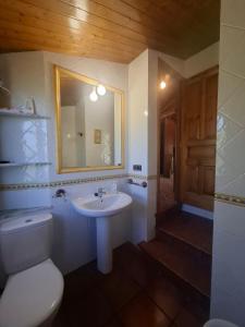 a bathroom with a sink and a toilet and a mirror at La Cabaña del Abuelo en la aldea cerca del mar in Santa Marta de Ortigueira +48 photos