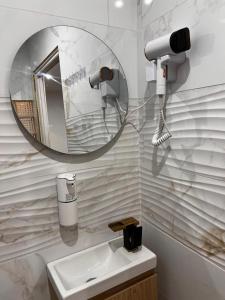 a bathroom with a mirror and a sink at Lille Flandre duplex in Lille +30 photos