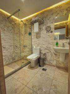 a bathroom with a shower and a toilet and a sink at Grand Season Hotel in Aqaba