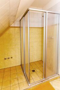 a shower with a glass door in a room at Ferienwohnung Seeblick am Fleesensee in Göhren-Lebbin +7 photos