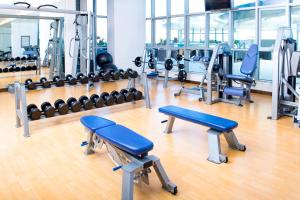 a gym with a lot of treadmills and weights at Novotel Abu Dhabi Gate in Abu Dhabi