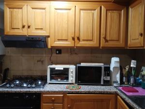 a kitchen with wooden cabinets and a stove and a microwave at Casa Aura in Pinasca 