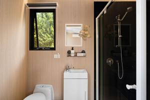 Un baño con inodoro, lavabo y ventana. en Fassifern Tiny House 2 by Tiny Away, en Lance Field