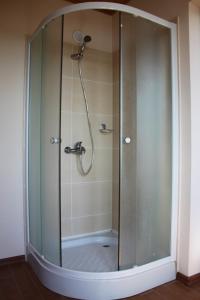 a shower with a glass door in a bathroom at Два дома на берегу Лимана in Vapnyarka +26 photos
