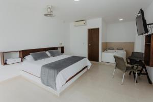 una camera da letto con un letto, una scrivania e una televisione di Hotel Plataneras Confort a Turbo