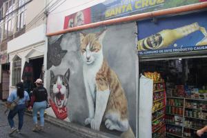a painting of two cats on the side of a store at Lakeside apartment in San Pedro La Laguna
