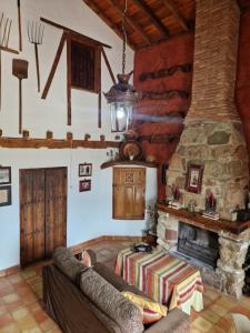 GuarrománにあるColonos Alojamientos Ruralesのソファと石造りの暖炉のあるリビングルーム +250枚の写真