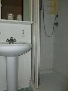 La salle de bains est pourvue d'un lavabo et d'une douche. dans l'établissement Hotel Jam Session, à Les Deux Alpes