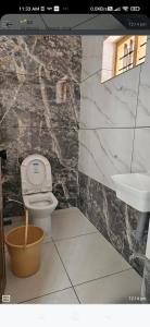 a bathroom with a toilet and a sink at Lotus Munroe Homestay in Munroe Island