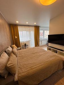 a bedroom with a large bed and a flat screen tv at Old Town Vytautas Apartment in Klaipėda +8 photos
